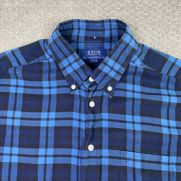 Eton Flannel Shirt Large 42 16.5 Blue Contemporary Fit Lightweight Plaid Indigo - Picture 2 of 13